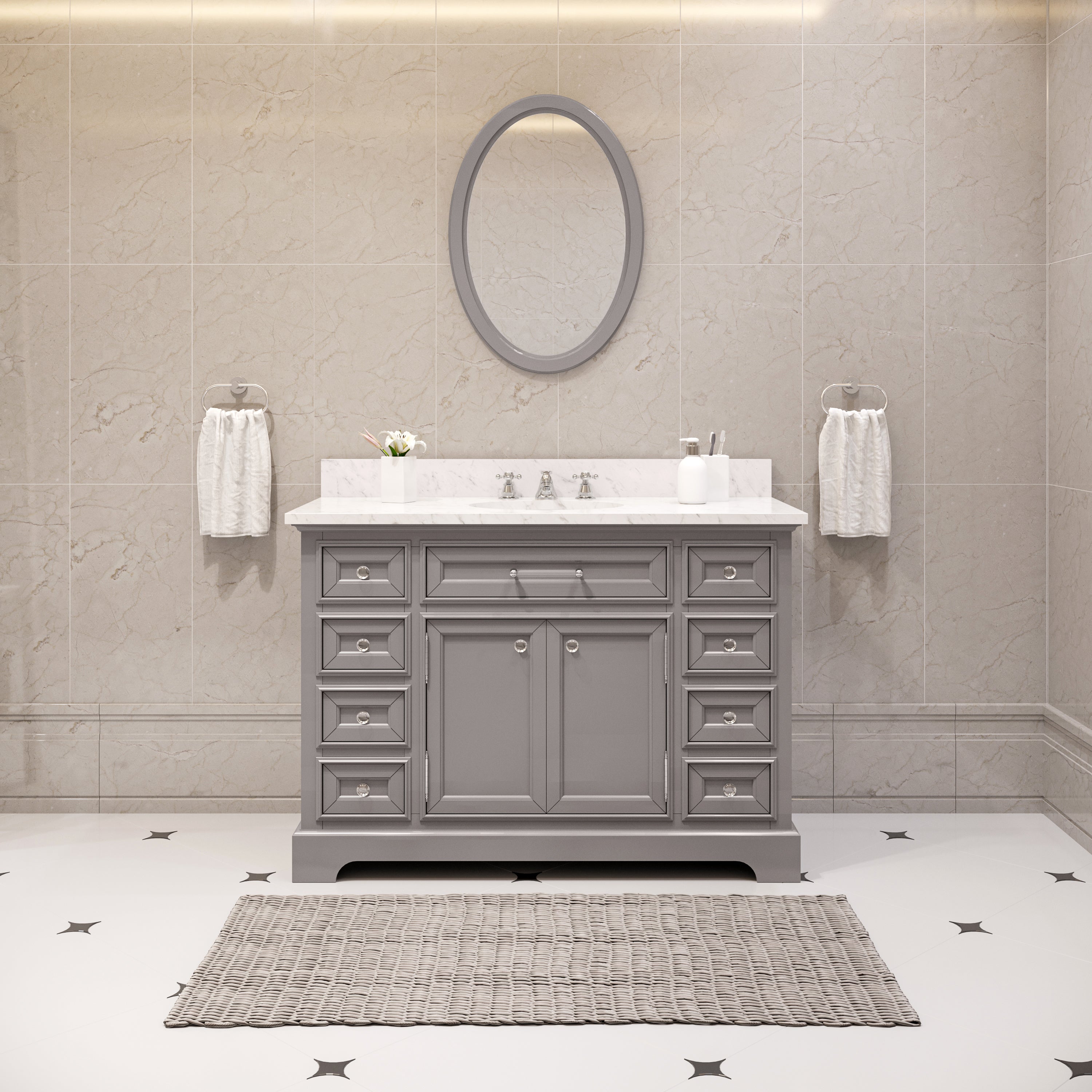 Water Creation | 48 Inch Cashmere Grey Single Sink Bathroom Vanity With Matching Framed Mirror From The Derby Collection | DE48CW01CG-O24000000