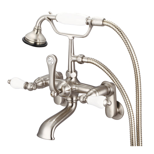 Water Creation | Vintage Classic Adjustable Center Wall Mount Tub Faucet With Swivel Wall Connector & Handheld Shower in Brushed Nickel Finish With Porcelain Lever Handles Without labels | F6-0009-02-PL