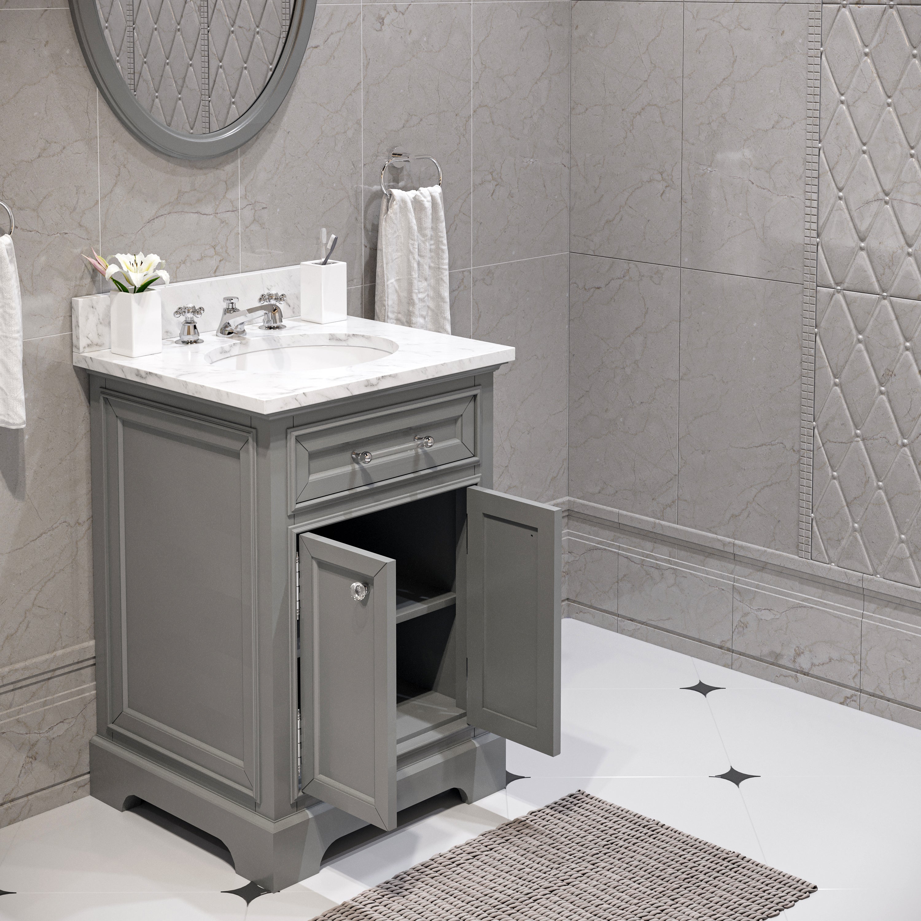 Water Creation | 24 Inch Cashmere Grey Single Sink Bathroom Vanity With Matching Framed Mirror And Faucet From The Derby Collection | DE24CW01CG-O21BX0901