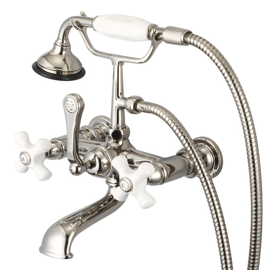 Water Creation | Vintage Classic 7 Inch Spread Wall Mount Tub Faucet With Straight Wall Connector & Handheld Shower in Polished Nickel (PVD) Finish With Porcelain Cross Handles, Hot And Cold Labels Included | F6-0010-05-PX