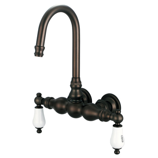 Water Creation | Vintage Classic 3.375 Inch Center Wall Mount Tub Faucet With Gooseneck Spout & Straight Wall Connector in Oil-rubbed Bronze Finish Finish With Porcelain Lever Handles, Hot And Cold Labels Included | F6-0014-03-CL
