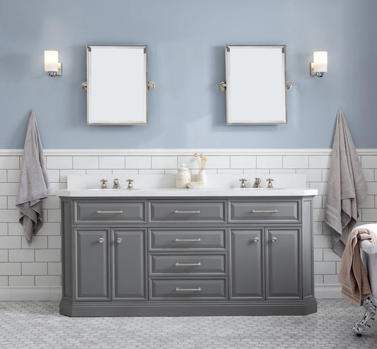 Water Creation | 72" Palace Collection Quartz Carrara Cashmere Grey Bathroom Vanity Set With Hardware And F2-0009 Faucets, Mirror in Polished Nickel (PVD) Finish | PA72QZ05CG-E18BX0905