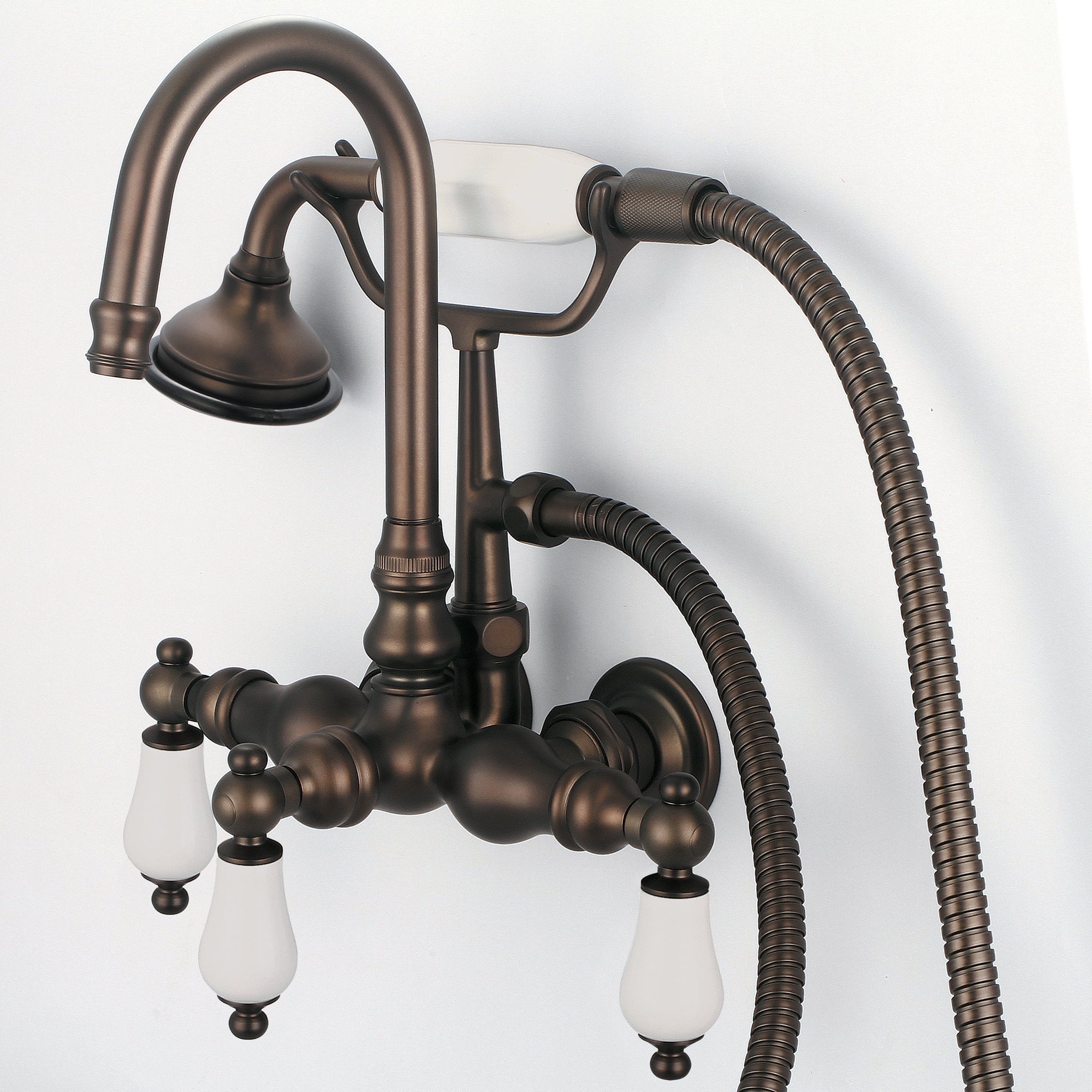 Water Creation | Vintage Classic 3.375 Inch Center Wall Mount Tub Faucet With Gooseneck Spout, Straight Wall Connector & Handheld Shower in Oil-rubbed Bronze Finish Finish With Porcelain Lever Handles Without labels | F6-0012-03-PL