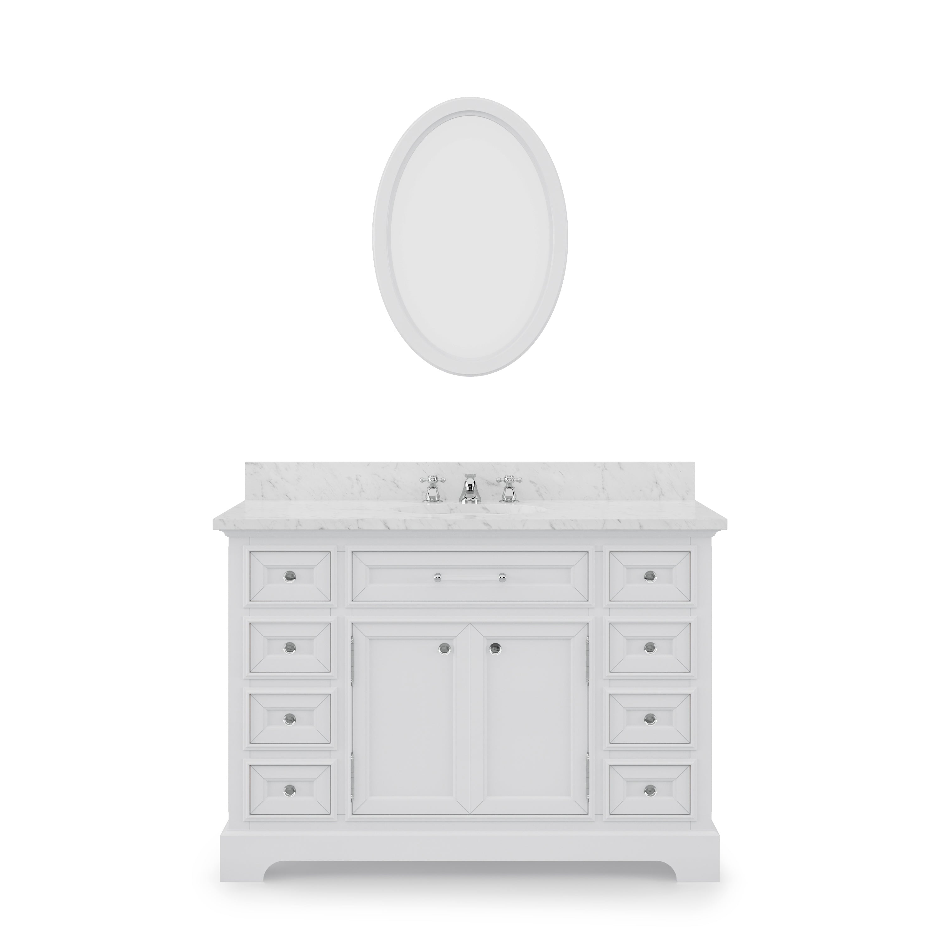 Water Creation | 48 Inch Pure White Single Sink Bathroom Vanity With Matching Framed Mirror And Faucet From The Derby Collection | DE48CW01PW-O24BX0901
