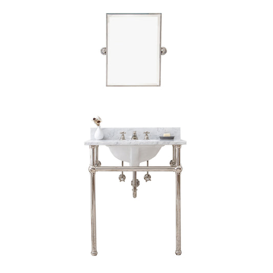 Water Creation | Embassy 30 Inch Wide Single Wash Stand, P-Trap, Counter Top with Basin, F2-0009 Faucet and Mirror included in Polished Nickel (PVD) Finish | EB30E-0509