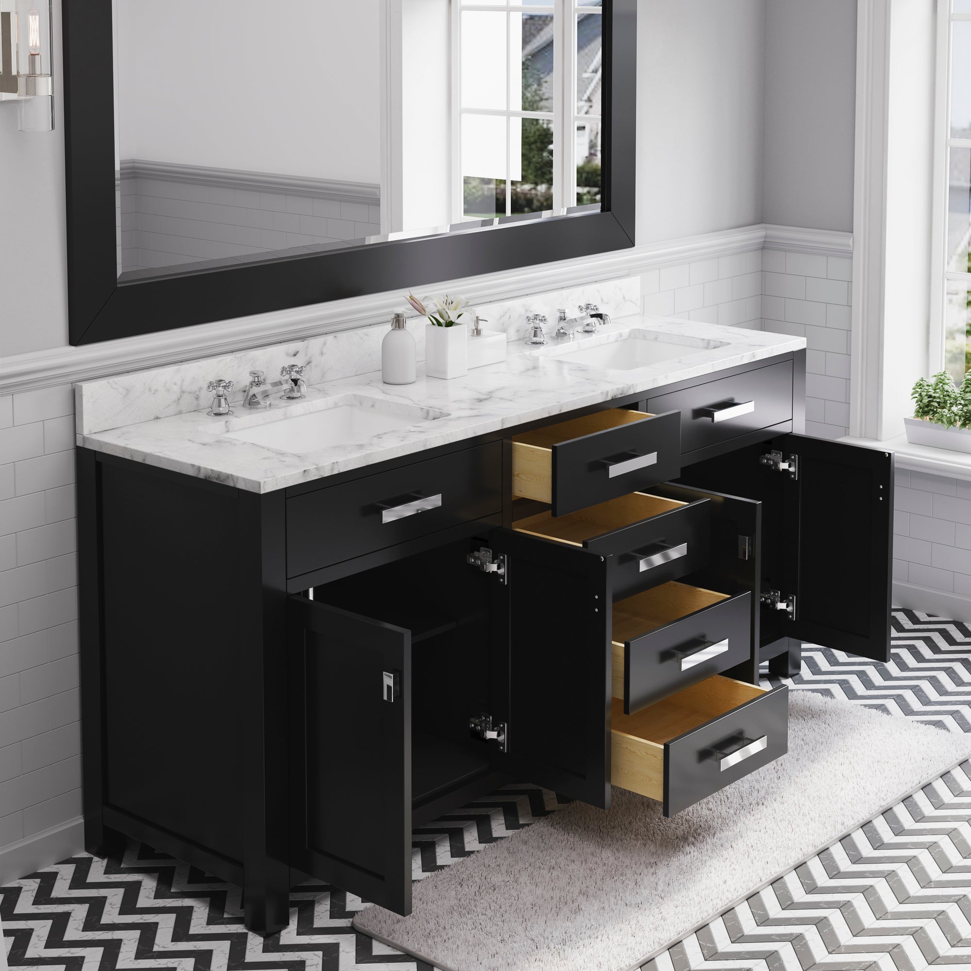 Water Creation | 72 Inch Espresso Double Sink Bathroom Vanity With Matching Framed Mirror And Faucet From The Madison Collection | MS72CW01ES-R72BX0901