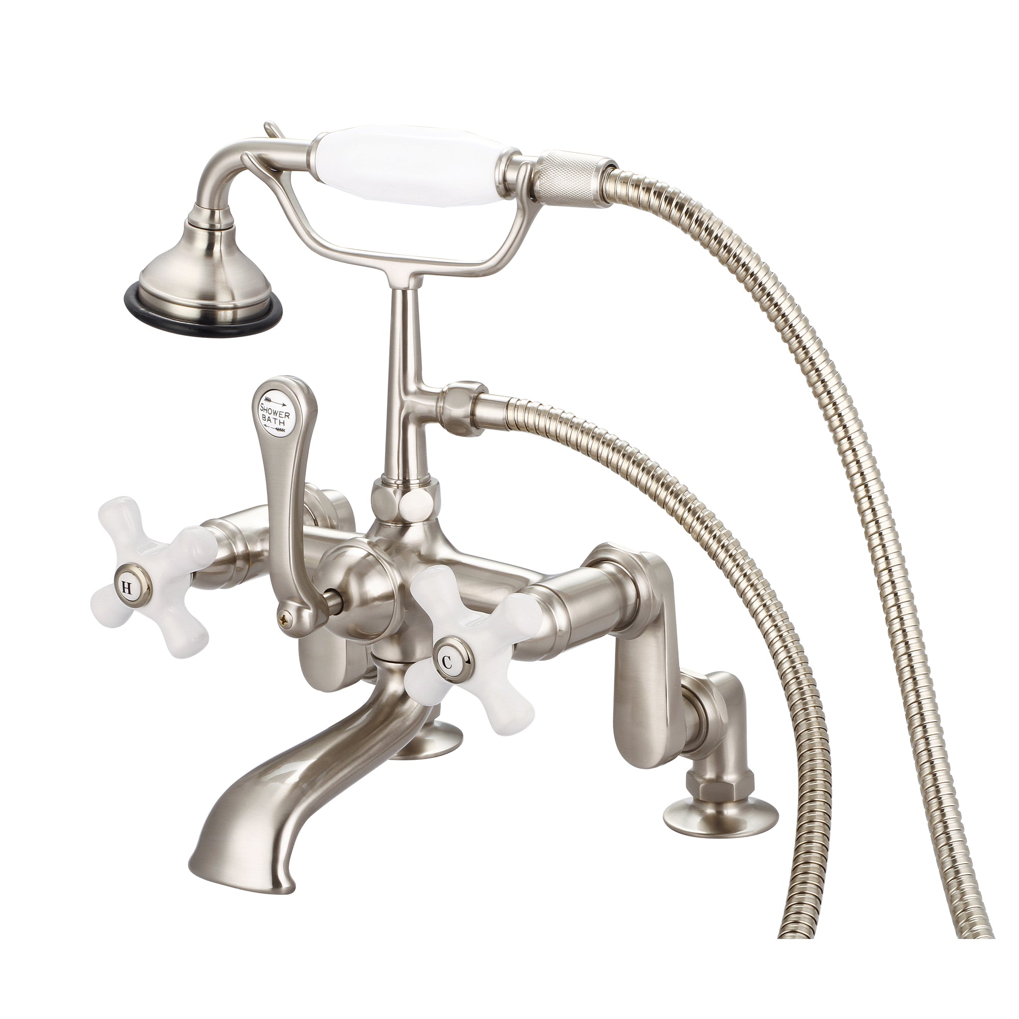 Water Creation | Vintage Classic Adjustable Center Deck Mount Tub Faucet With Handheld Shower in Brushed Nickel Finish With Porcelain Cross Handles, Hot And Cold Labels Included | F6-0008-02-PX