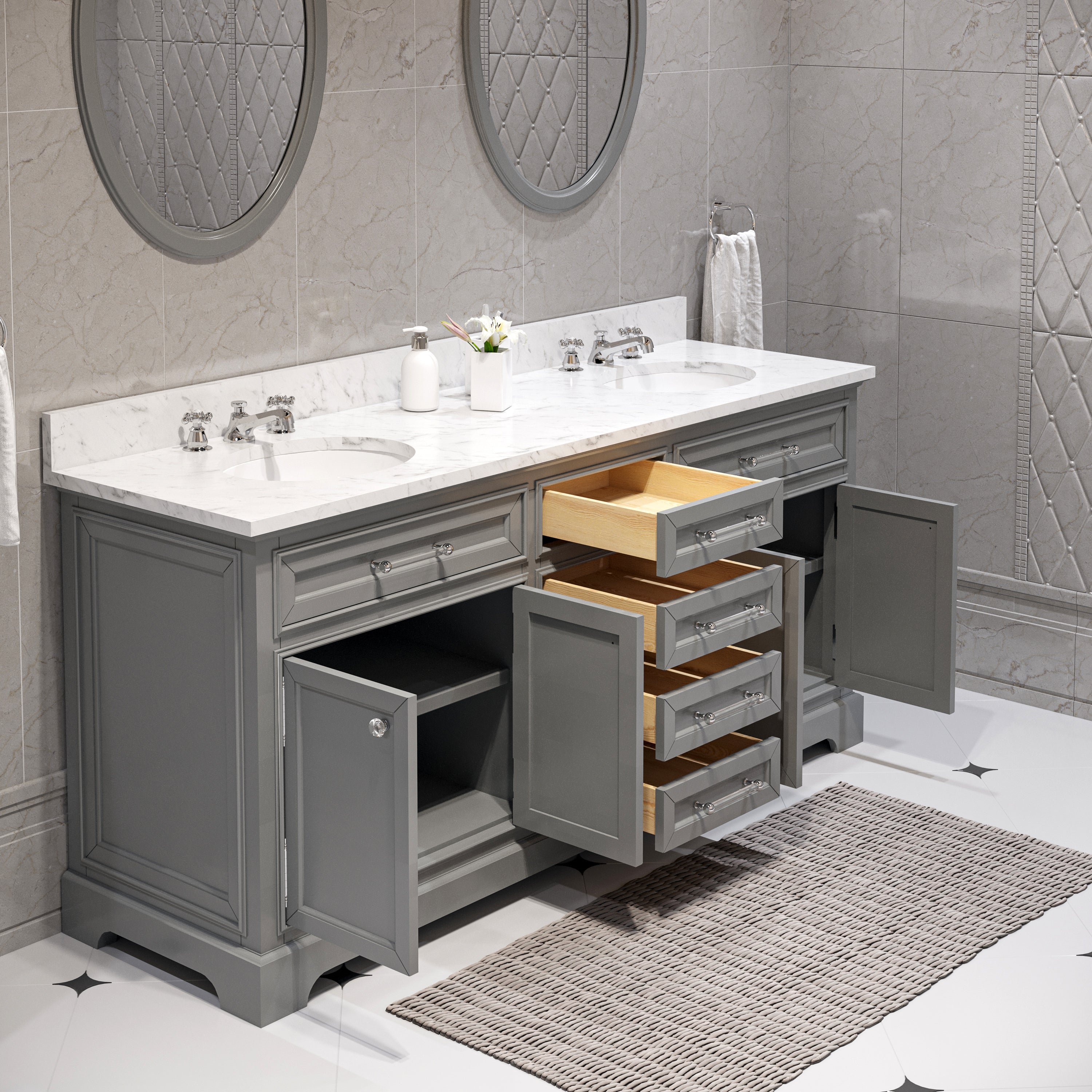 Water Creation | 72 Inch Cashmere Grey Double Sink Bathroom Vanity With Matching Framed Mirrors And Faucets From The Derby Collection | DE72CW01CG-O24BX0901