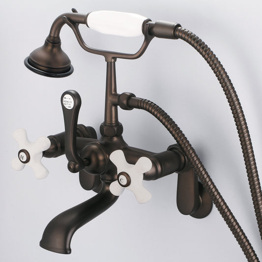 Water Creation | Vintage Classic Adjustable Center Wall Mount Tub Faucet With Swivel Wall Connector & Handheld Shower in Oil-rubbed Bronze Finish Finish With Porcelain Cross Handles, Hot And Cold Labels Included | F6-0009-03-PX