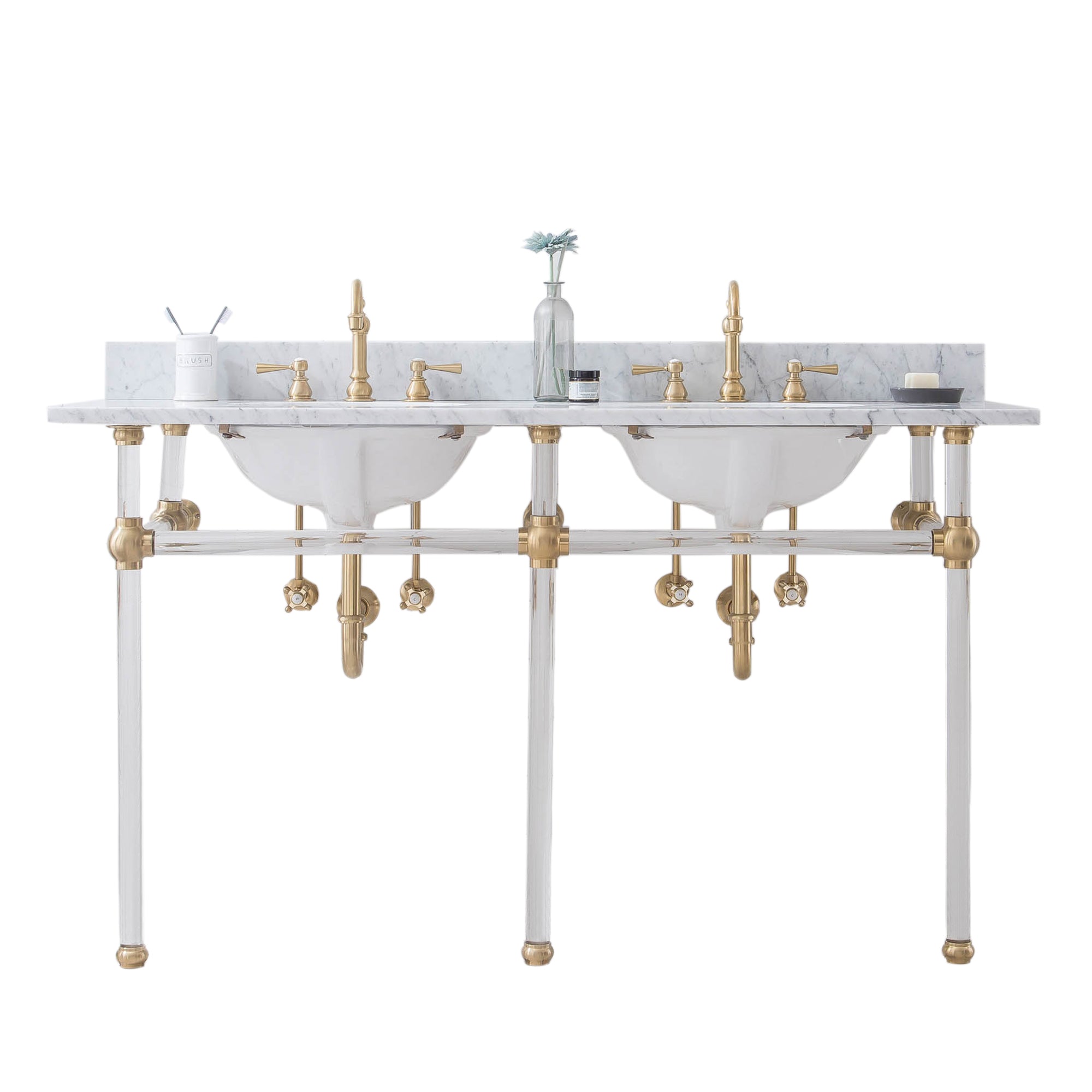 Water Creation | Empire 60 Inch Wide Double Wash Stand, P-Trap, and Counter Top with Basin included in Satin Gold Finish | EP60C-0600
