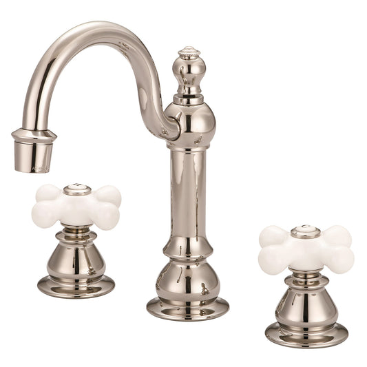 Water Creation | American 20th Century Classic Widespread Lavatory F2-0012 Faucets With Pop-Up Drain in Polished Nickel (PVD) Finish With Porcelain Cross Handles, Hot And Cold Labels Included | F2-0012-05-PX