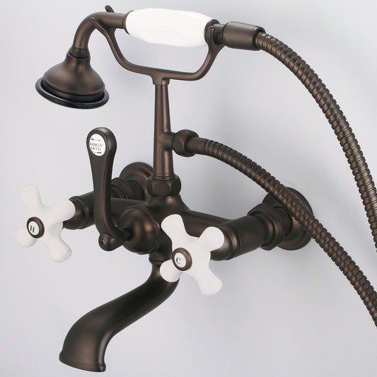 Water Creation | Vintage Classic 7 Inch Spread Wall Mount Tub Faucet With Straight Wall Connector & Handheld Shower in Oil-rubbed Bronze Finish Finish With Porcelain Cross Handles, Hot And Cold Labels Included | F6-0010-03-PX
