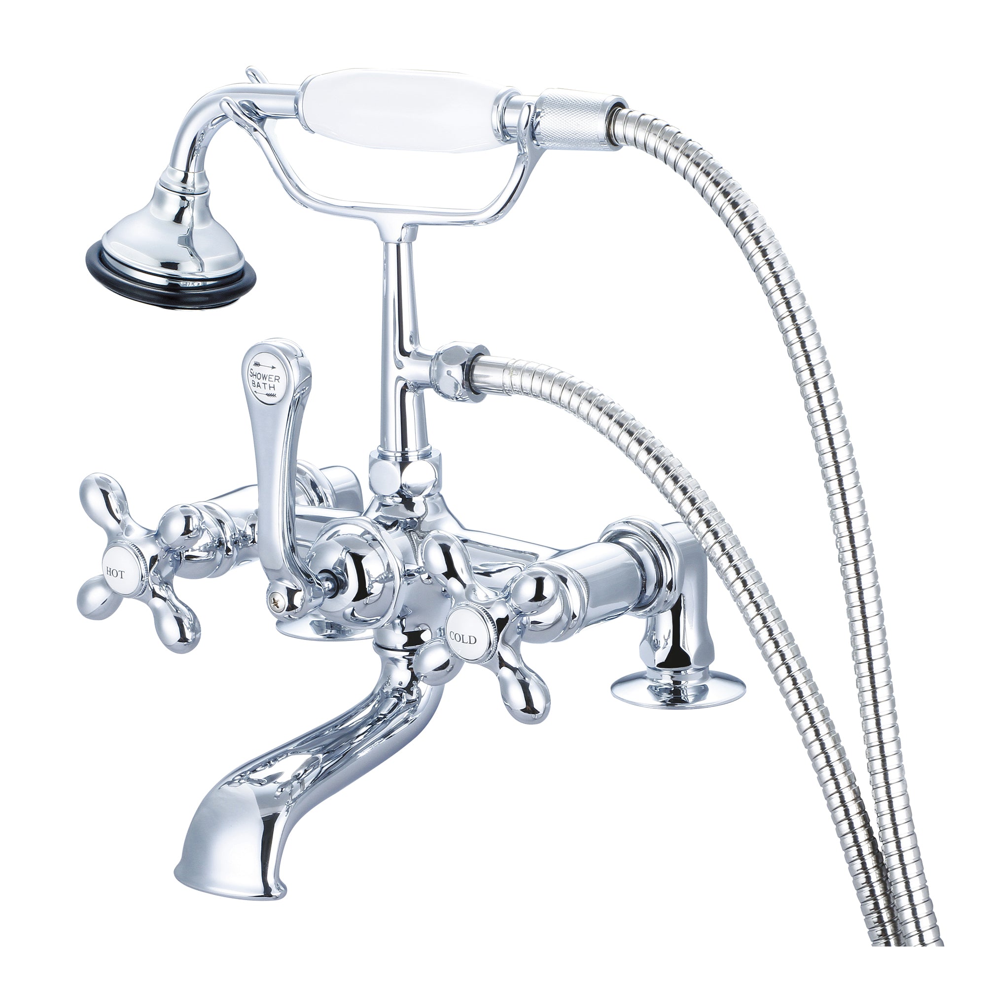 Water Creation | Vintage Classic 7 Inch Spread Deck Mount Tub Faucet With 2 Inch Risers & Handheld Shower in Chrome Finish With Metal Lever Handles, Hot And Cold Labels Included | F6-0007-01-AX