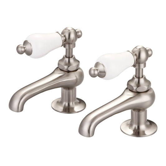 Water Creation | Vintage Classic Basin Cocks Lavatory Faucets in Brushed Nickel Finish With Porcelain Lever Handles Without labels | F1-0003-02-PL