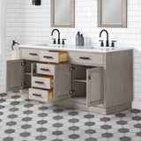 Water Creation | Chestnut 72 In. Double Sink Carrara White Marble Countertop Vanity In Grey Oak with Grooseneck Faucets | CH72CW03GK-000BL1403