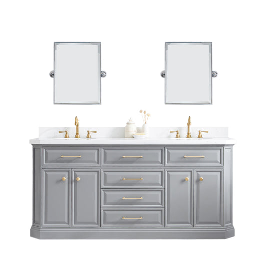 Water Creation | 72" Palace Collection Quartz Carrara Cashmere Grey Bathroom Vanity Set With Hardware And F2-0012 Faucets in Satin Gold Finish And Only Mirrors in Chrome Finish | PA72QZ06CG-E18TL1206