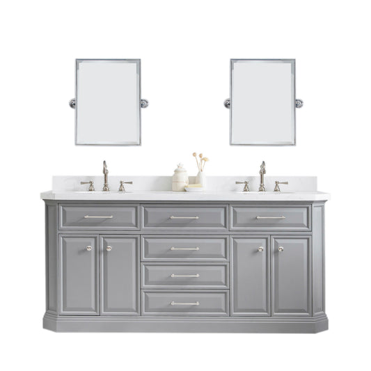 Water Creation | 72" Palace Collection Quartz Carrara Cashmere Grey Bathroom Vanity Set With Hardware And F2-0012 Faucets, Mirror in Polished Nickel (PVD) Finish | PA72QZ05CG-E18TL1205