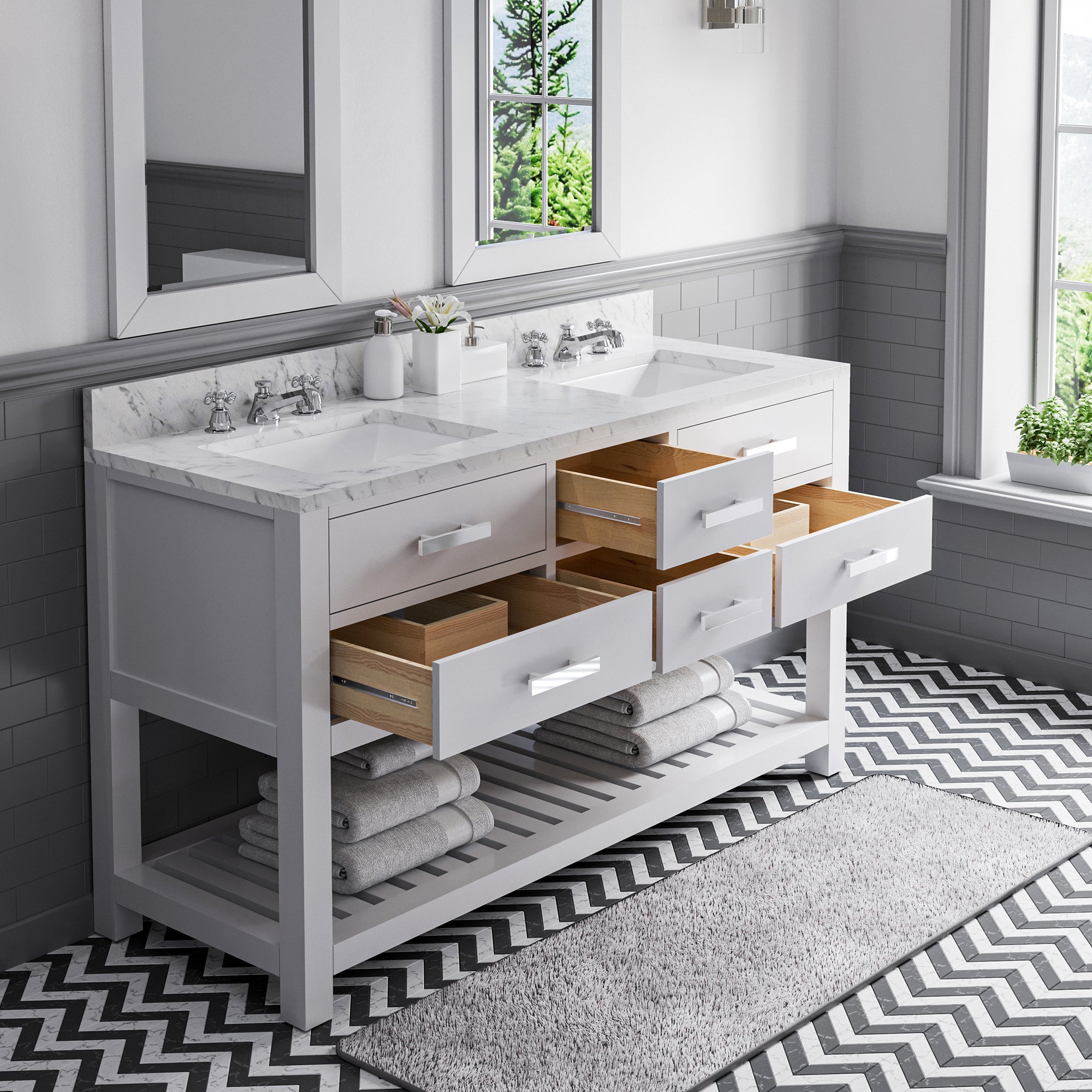 Water Creation | 60 Inch Pure White Double Sink Bathroom Vanity With 2 Matching Framed Mirrors And Faucets From The Madalyn Collection | MA60CW01PW-R21BX0901