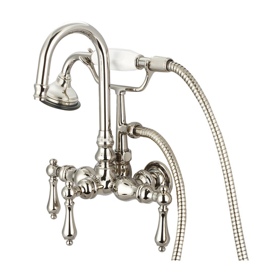 Water Creation | Vintage Classic 3.375 Inch Center Wall Mount Tub Faucet With Gooseneck Spout, Straight Wall Connector & Handheld Shower in Polished Nickel (PVD) Finish With Metal Lever Handles Without Labels | F6-0012-05-AL