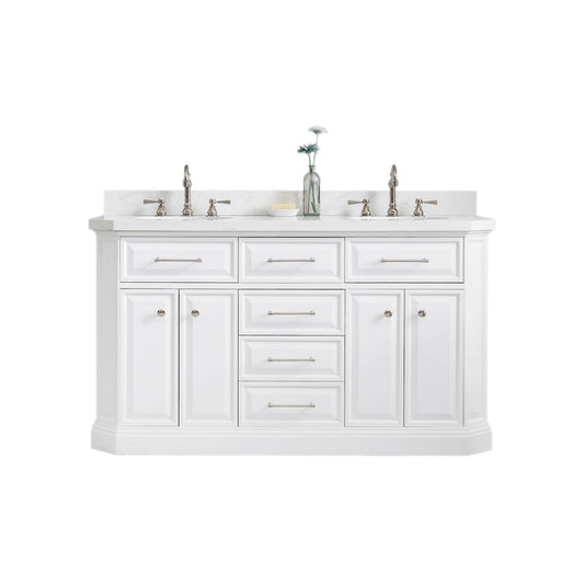 Water Creation | 60" Palace Collection Quartz Carrara Pure White Bathroom Vanity Set With Hardware And F2-0012 Faucets in Polished Nickel (PVD) Finish | PA60QZ05PW-000TL1205