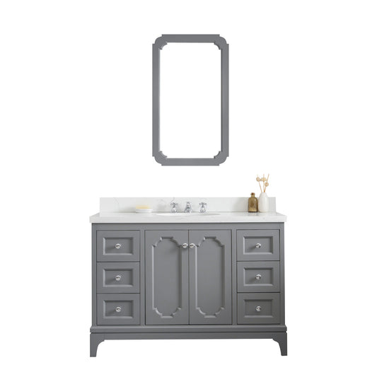 Water Creation | Queen 48-Inch Single Sink Quartz Carrara Vanity In Cashmere Grey With Matching Mirror(s) and F2-0009-01-BX Lavatory Faucet(s) | QU48QZ01CG-Q21BX0901