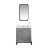 Water Creation | Queen 30-Inch Single Sink Quartz Carrara Vanity In Cashmere Grey With Matching Mirror(s) and F2-0009-01-BX Lavatory Faucet(s) | QU30QZ01CG-Q21BX0901