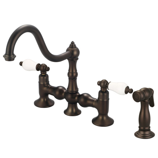 Water Creation | Bridge Style Kitchen Faucet With Side Spray To Match in Oil-rubbed Bronze Finish Finish With Porcelain Lever Handles Without labels | F5-0010-03-PL