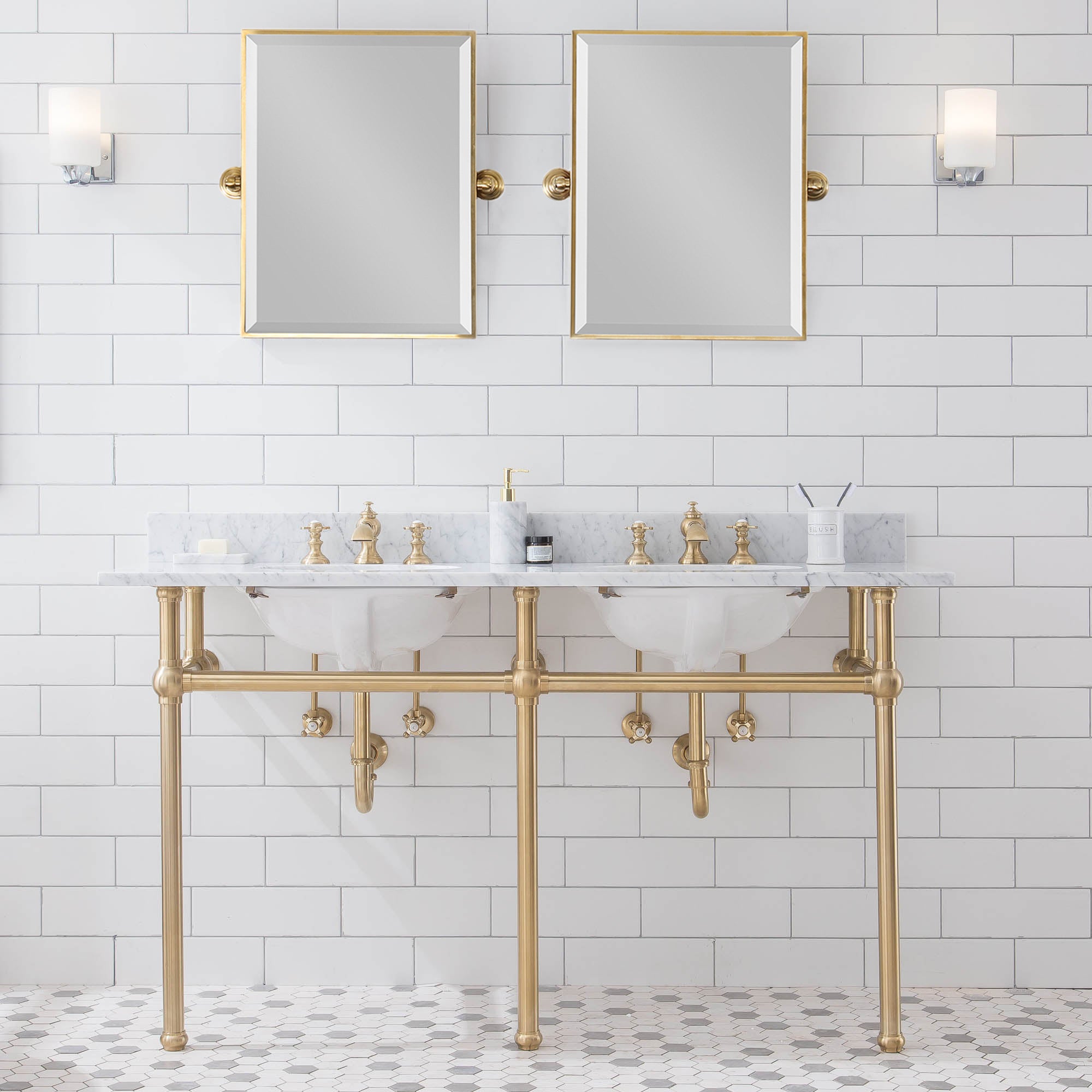 Water Creation | Embassy 60 Inch Wide Double Wash Stand, P-Trap, Counter Top with Basin, F2-0013 Faucet and Mirror included in Satin Gold Finish | EB60E-0613