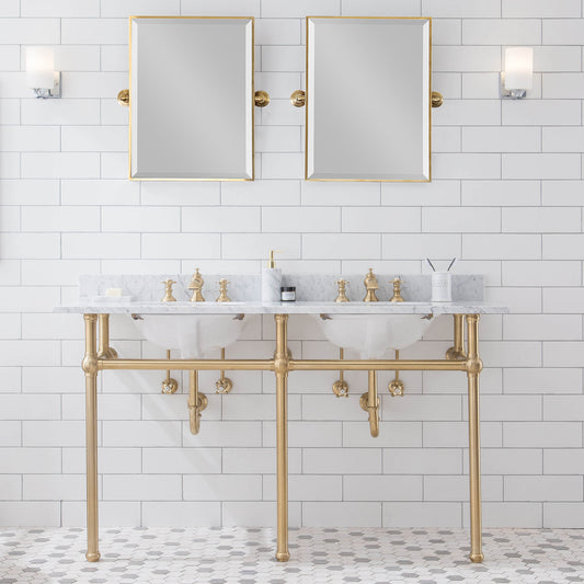 Water Creation | Embassy 60 Inch Wide Double Wash Stand, P-Trap, Counter Top with Basin, F2-0013 Faucet and Mirror included in Satin Gold Finish | EB60E-0613