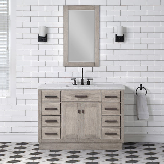 Water Creation | Chestnut 48 In. Single Sink Carrara White Marble Countertop Vanity In Grey Oak with Grooseneck Faucet and Mirror | CH48CW03GK-R21BL1403