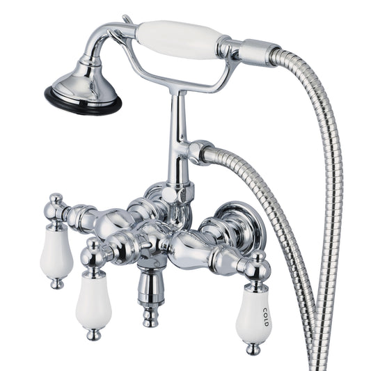Water Creation | Vintage Classic 3.375 Inch Center Wall Mount Tub Faucet With Down Spout, Straight Wall Connector & Handheld Shower in Chrome Finish With Porcelain Lever Handles, Hot And Cold Labels Included | F6-0017-01-CL