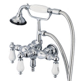 Water Creation | Vintage Classic 3.375 Inch Center Wall Mount Tub Faucet With Down Spout, Straight Wall Connector & Handheld Shower in Chrome Finish With Porcelain Lever Handles, Hot And Cold Labels Included | F6-0017-01-CL