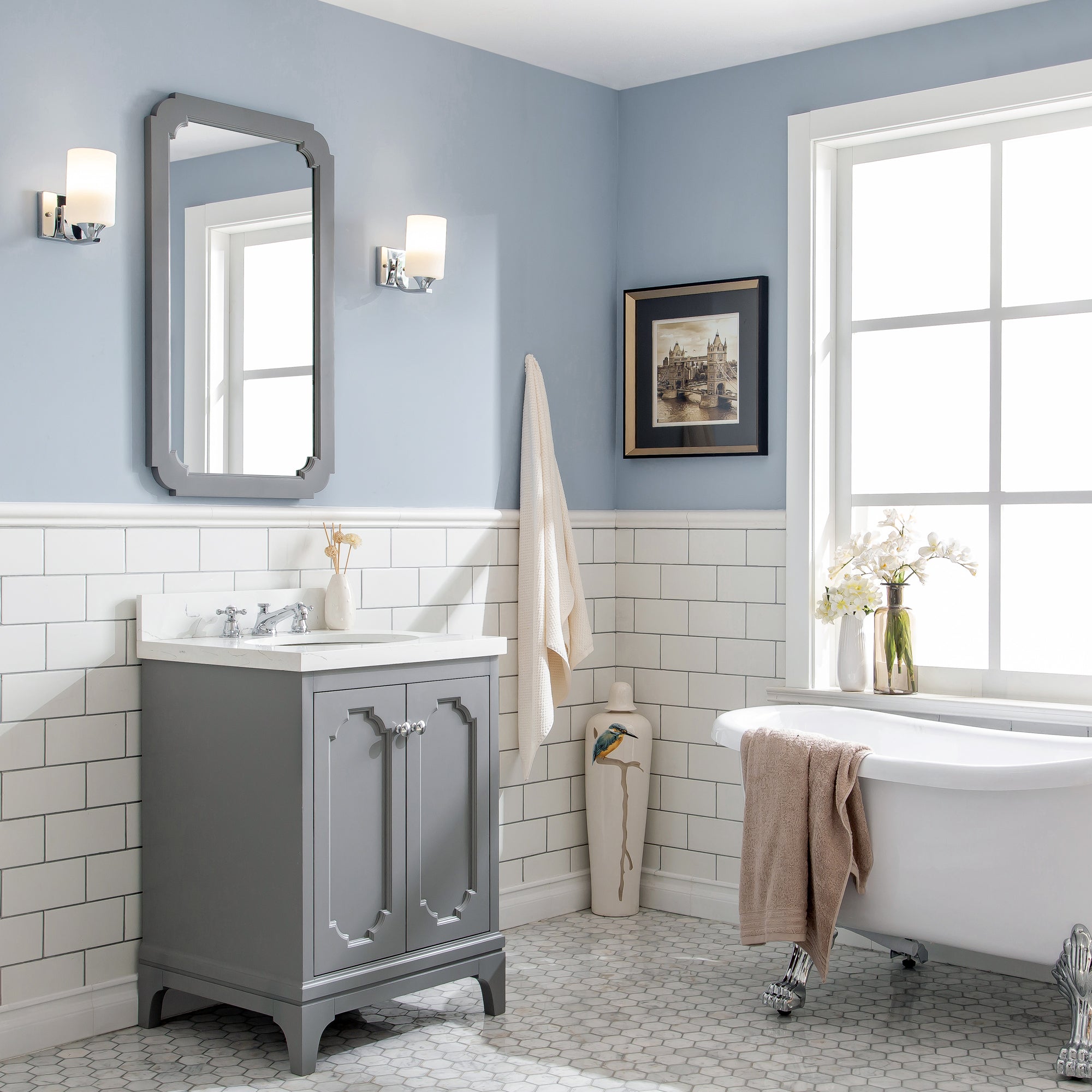 Water Creation | Queen 24-Inch Single Sink Quartz Carrara Vanity In Cashmere Grey  | QU24QZ01CG-000000000