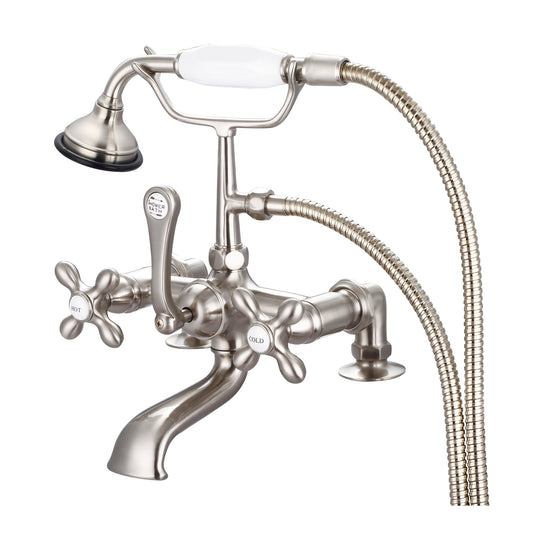 Water Creation | Vintage Classic 7 Inch Spread Deck Mount Tub Faucet With 2 Inch Risers & Handheld Shower in Brushed Nickel Finish With Metal Lever Handles, Hot And Cold Labels Included | F6-0007-02-AX