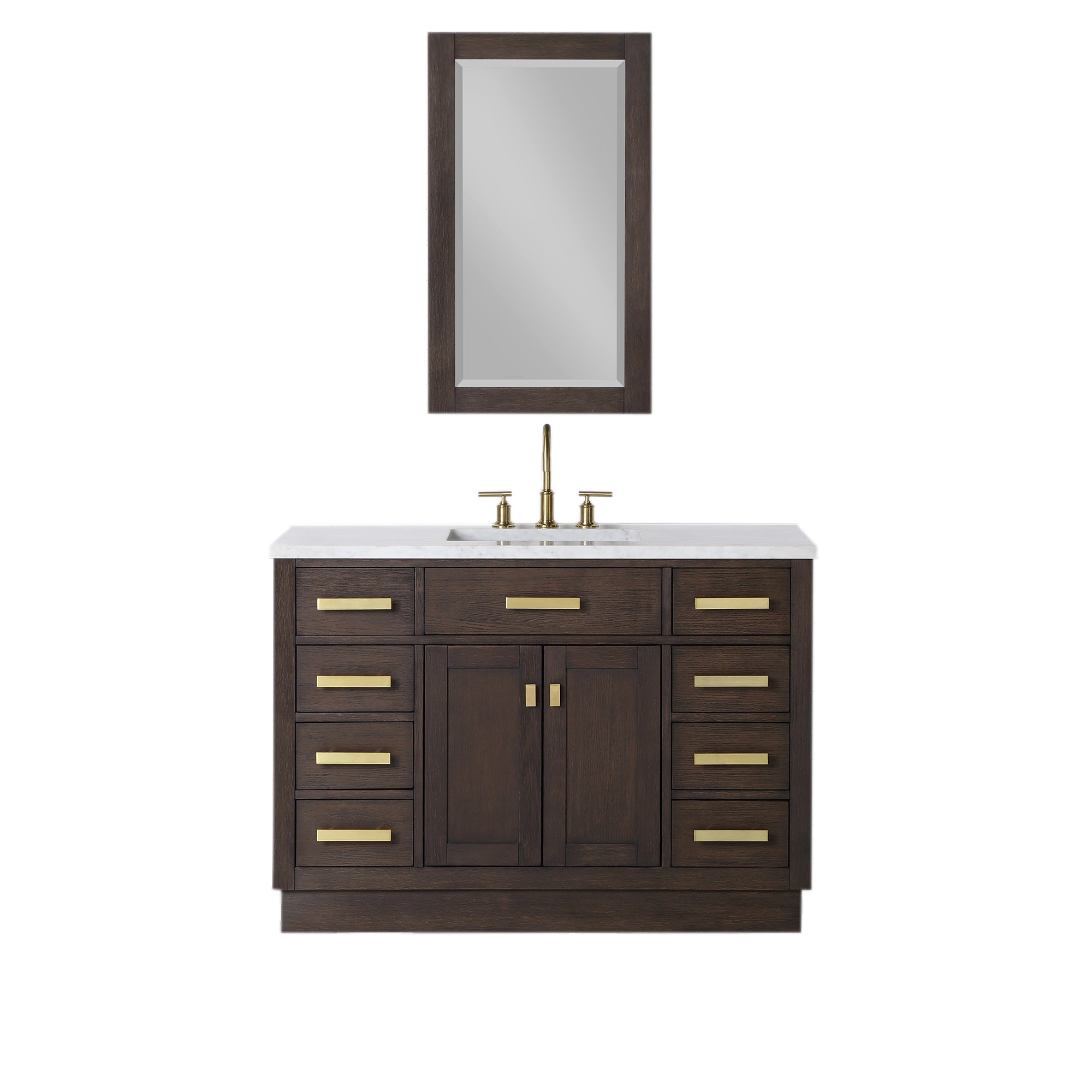 Water Creation | Chestnut 48 In. Single Sink Carrara White Marble Countertop Vanity In Brown Oak with Grooseneck Faucet and Mirror | CH48CW06BK-R21BL1406