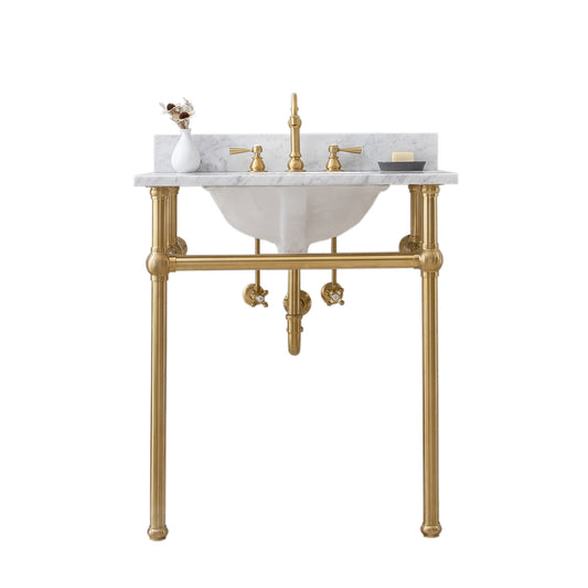 Water Creation | Embassy 30 Inch Wide Single Wash Stand, P-Trap, Counter Top with Basin, and F2-0012 Faucet included in Satin Gold Finish | EB30D-0612