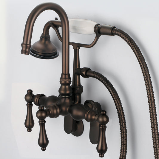 Water Creation | Vintage Classic Adjustable Spread Wall Mount Tub Faucet With Gooseneck Spout, Swivel Wall Connector & Handheld Shower in Oil-rubbed Bronze Finish Finish With Metal Lever Handles Without Labels | F6-0011-03-AL
