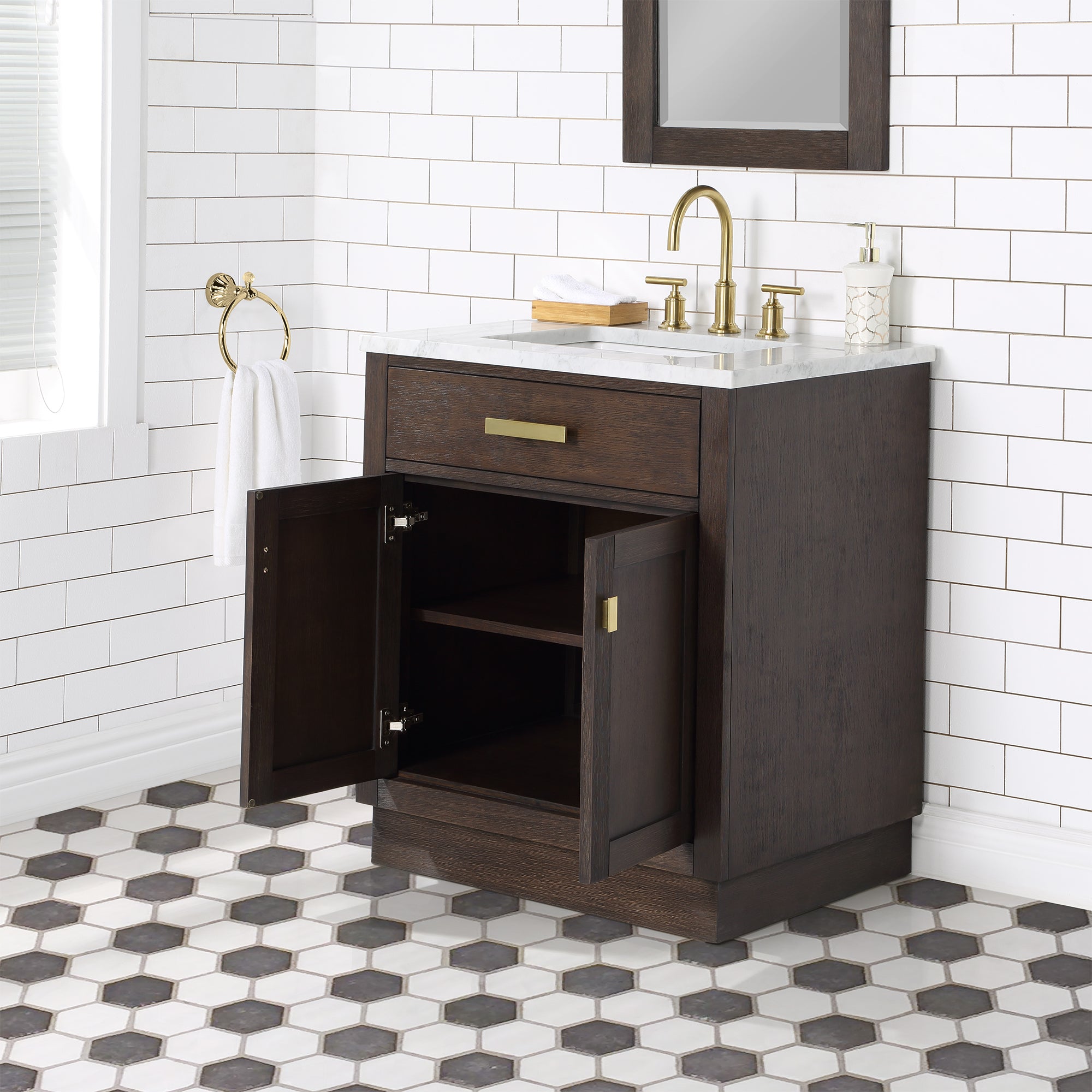 Water Creation | Chestnut 30 In. Single Sink Carrara White Marble Countertop Vanity In Brown Oak with Grooseneck Faucet | CH30CW06BK-000BL1406