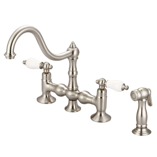 Water Creation | Bridge Style Kitchen Faucet With Side Spray To Match in Brushed Nickel Finish With Porcelain Lever Handles Without labels | F5-0010-02-PL
