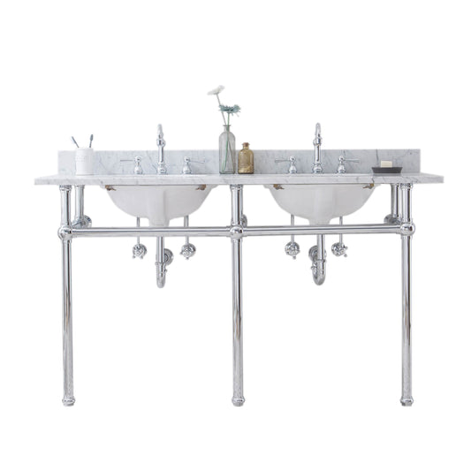 Water Creation | Embassy 60 Inch Wide Double Wash Stand, P-Trap, Counter Top with Basin, and F2-0012 Faucet included in Chrome Finish | EB60D-0112