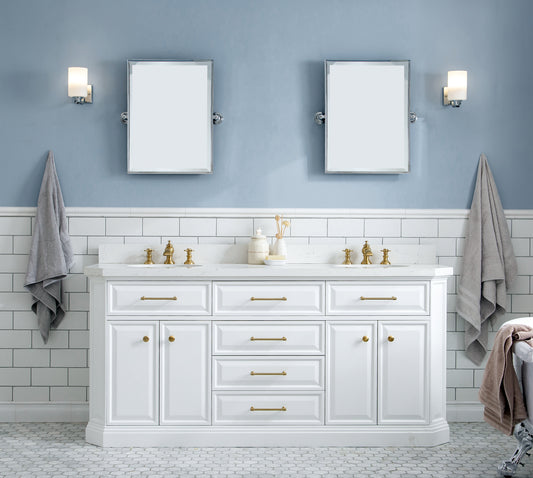 Water Creation | 72" Palace Collection Quartz Carrara Pure White Bathroom Vanity Set With Hardware And F2-0013 Faucets in Satin Gold Finish And Only Mirrors in Chrome Finish | PA72QZ06PW-000FX1306