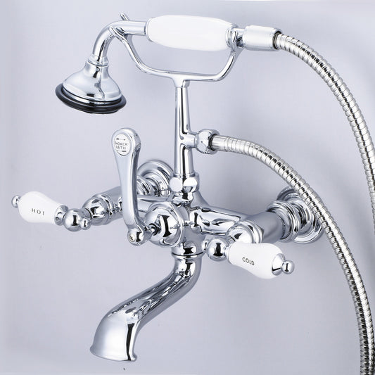 Water Creation | Vintage Classic 7 Inch Spread Wall Mount Tub Faucet With Straight Wall Connector & Handheld Shower in Chrome Finish With Porcelain Lever Handles, Hot And Cold Labels Included | F6-0010-01-CL