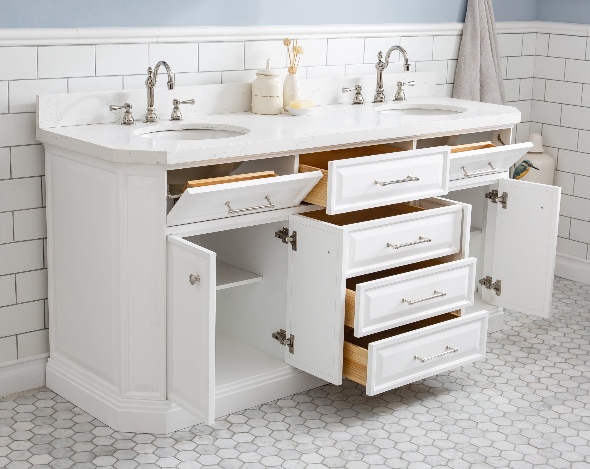 Water Creation | 72" Palace Collection Quartz Carrara Pure White Bathroom Vanity Set With Hardware And F2-0012 Faucets in Polished Nickel (PVD) Finish | PA72QZ05PW-000TL1205