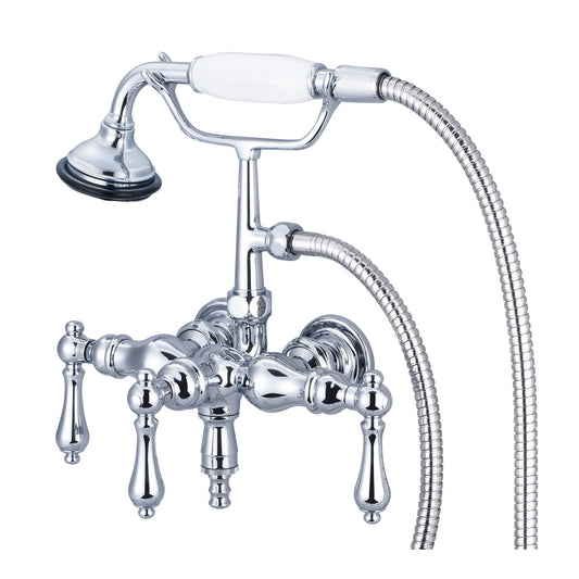 Water Creation | Vintage Classic 3.375 Inch Center Wall Mount Tub Faucet With Down Spout, Straight Wall Connector & Handheld Shower in Chrome Finish With Metal Lever Handles Without Labels | F6-0017-01-AL