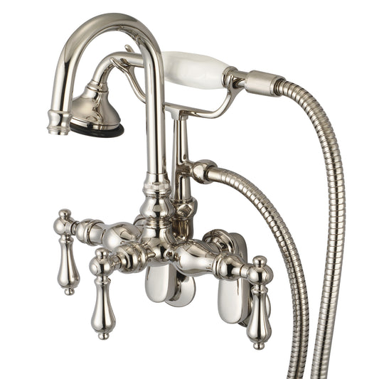 Water Creation | Vintage Classic Adjustable Spread Wall Mount Tub Faucet With Gooseneck Spout, Swivel Wall Connector & Handheld Shower in Polished Nickel (PVD) Finish With Metal Lever Handles Without Labels | F6-0011-05-AL
