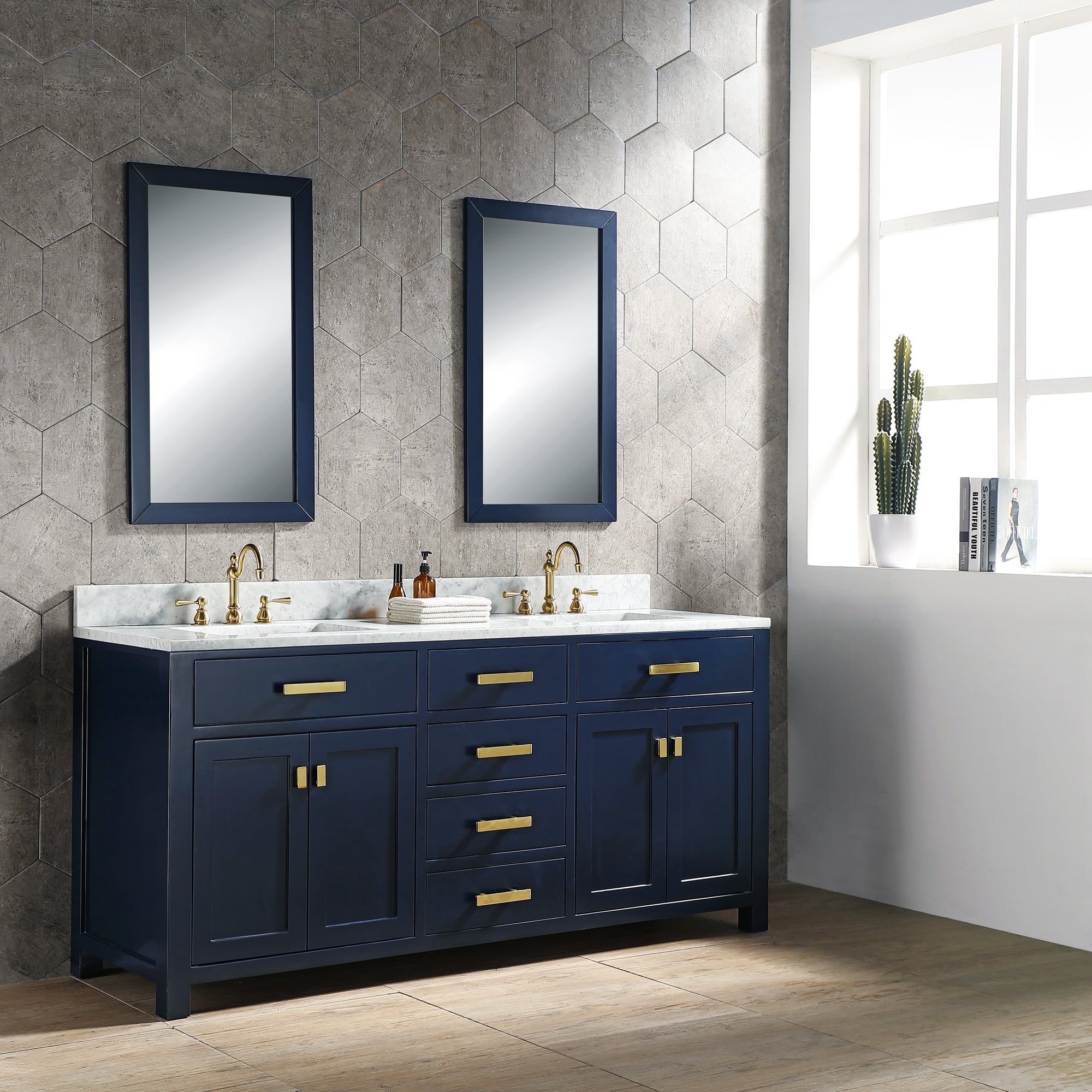 Water Creation | Madison 72-Inch Double Sink Carrara White Marble Vanity In Monarch Blue With Matching Mirror(s) and F2-0012-06-TL Lavatory Faucet(s) | MS72CW06MB-R21TL1206