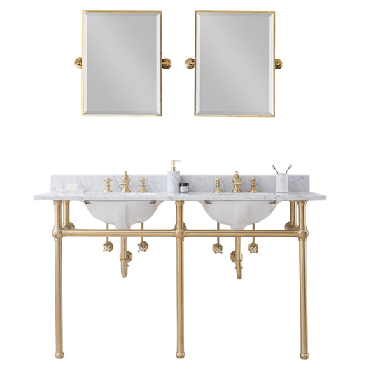 Water Creation | Embassy 60 Inch Wide Double Wash Stand, P-Trap, Counter Top with Basin, F2-0013 Faucet and Mirror included in Satin Gold Finish | EB60E-0613