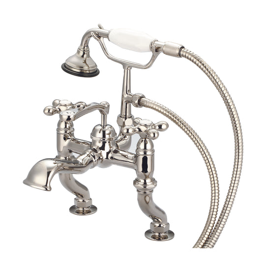Water Creation | Vintage Classic Adjustable Center Deck Mount Tub Faucet With Handheld Shower in Polished Nickel (PVD) Finish With Metal Lever Handles, Hot And Cold Labels Included | F6-0004-05-AX