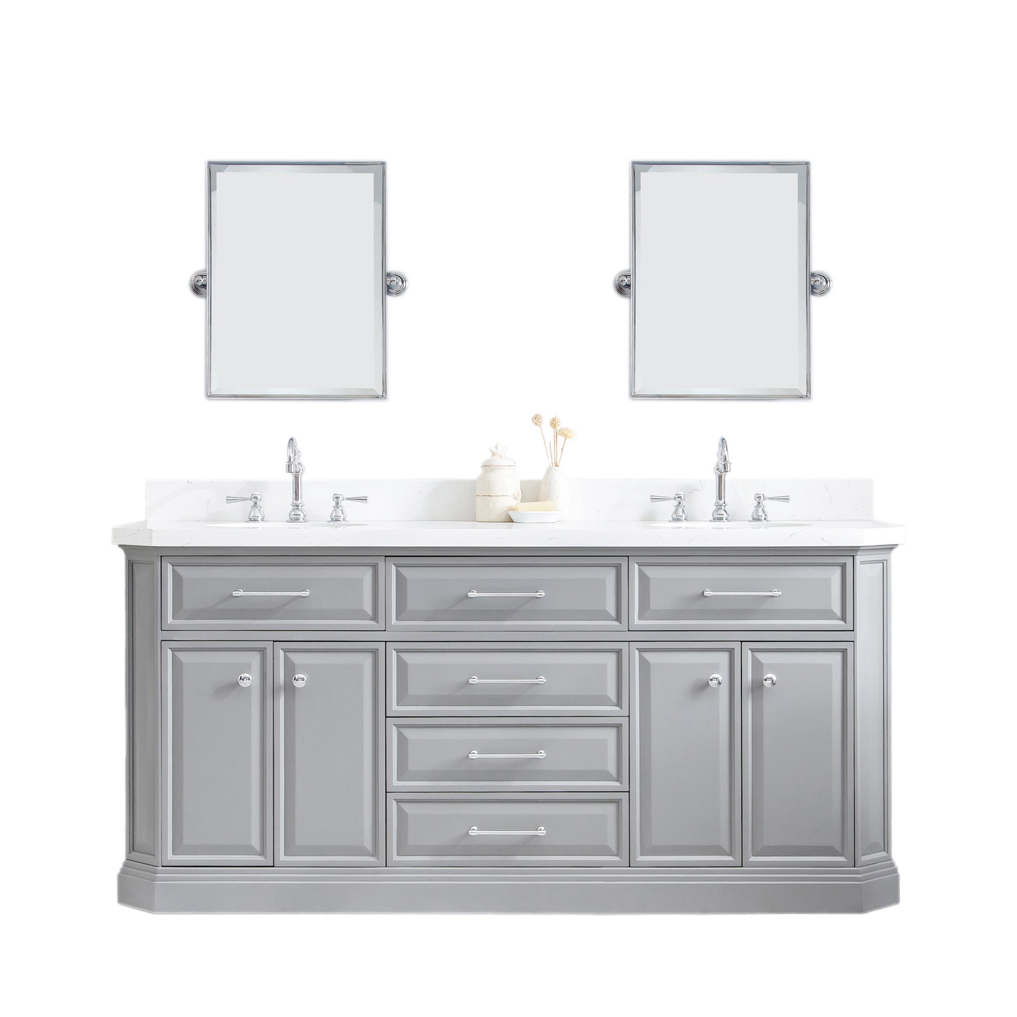 Water Creation | 72" Palace Collection Quartz Carrara Cashmere Grey Bathroom Vanity Set With Hardware And F2-0012 Faucets, Mirror in Chrome Finish | PA72QZ01CG-E18TL1201