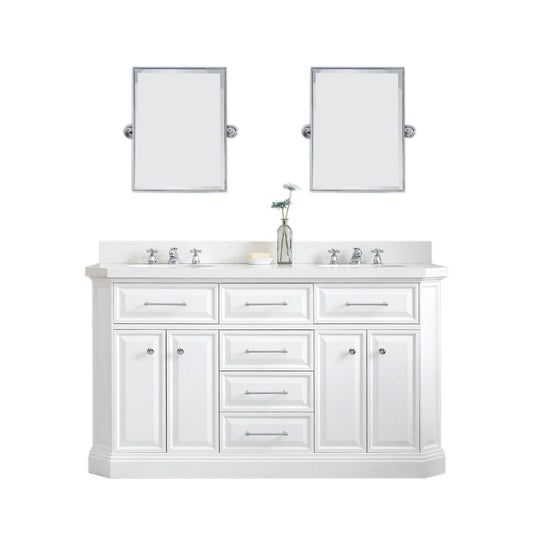 Water Creation | 60" Palace Collection Quartz Carrara Pure White Bathroom Vanity Set With Hardware And F2-0009 Faucets, Mirror in Chrome Finish | PA60QZ01PW-E18BX0901